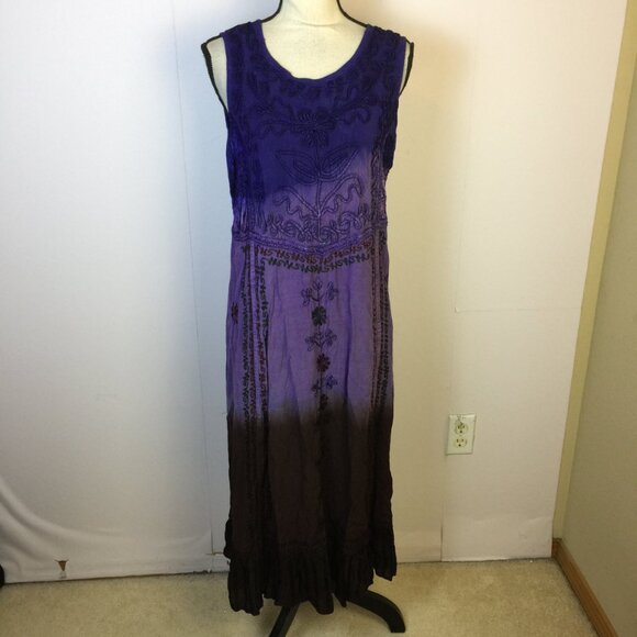 Rainbow Brand Midi Sun Dress One Sz Purple Ombre Rayon Boho Applique Sleeveless - Picture 1 of 12